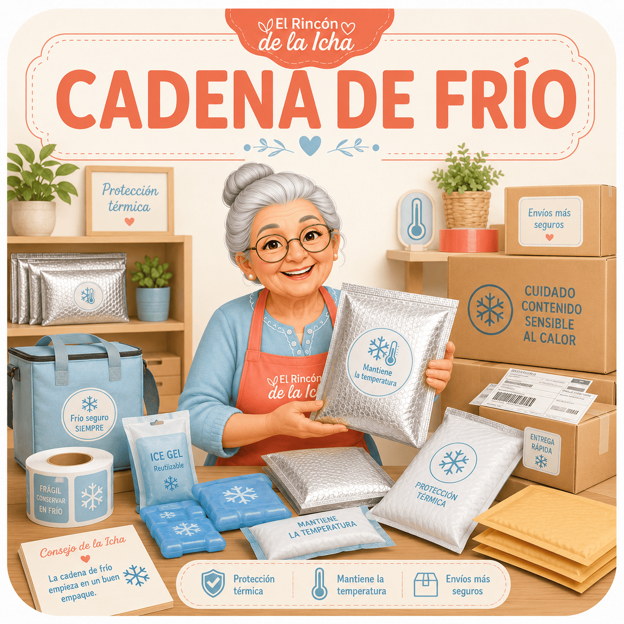 Productos para cadena de frío en El Rincón de la Icha, incluyendo sobres térmicos, gel packs y embalaje térmico