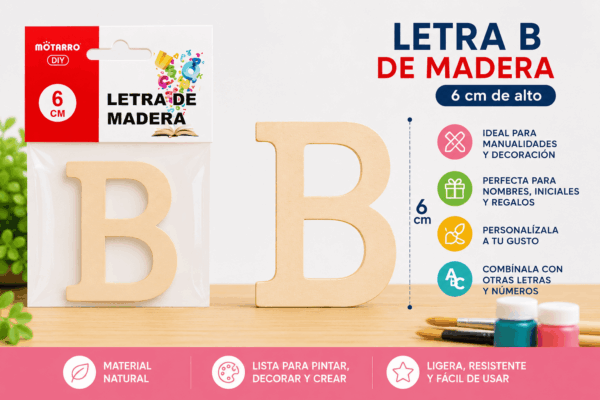 Letra B de Madera 6 cm para Manualidades y Decoración Letra B de madera de 6 cm para manualidades, decoración, nombres e iniciales personalizadas