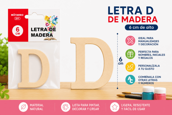 Letra D de Madera 6 cm para Manualidades y Decoración Letra D de madera de 6 cm para manualidades, decoración, nombres e iniciales personalizadas