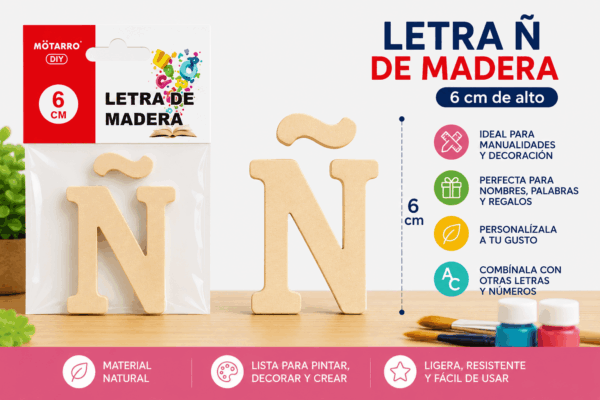 Letra Ñ de madera de 6 cm para manualidades, decoración, nombres y palabras personalizadas