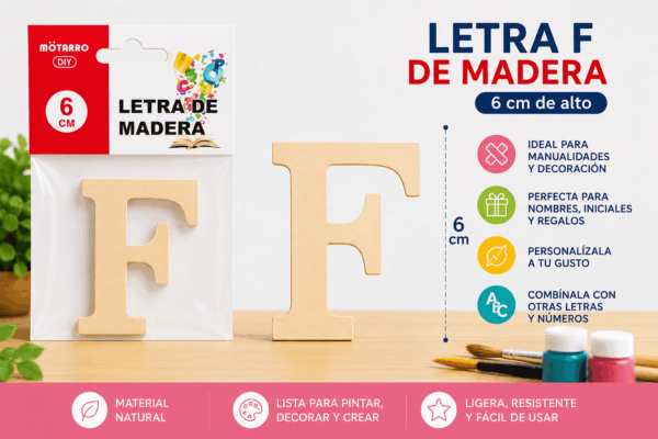 Letra F de madera de 6 cm para manualidades, decoración, nombres e iniciales personalizadas