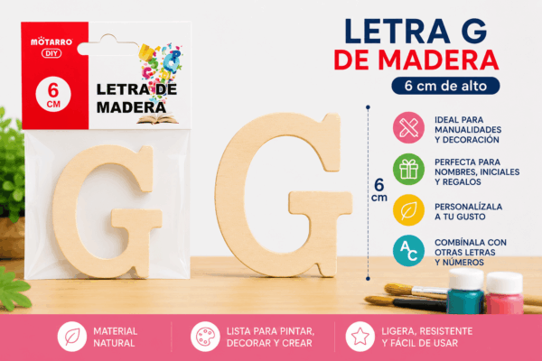 Letra G de Madera 6 cm para Manualidades y Decoración Letra G de madera de 6 cm para manualidades, decoración, nombres e iniciales personalizadas
