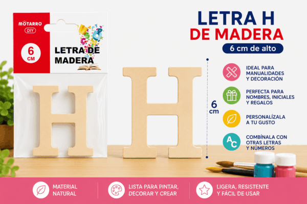 Letra H de Madera 6 cm para Manualidades y Decoración Letra H de madera de 6 cm para manualidades, decoración, nombres e iniciales personalizadas