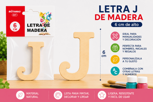 Letra J de Madera 6 cm para Manualidades y Decoración Letra J de madera de 6 cm para manualidades, decoración, nombres e iniciales personalizadas
