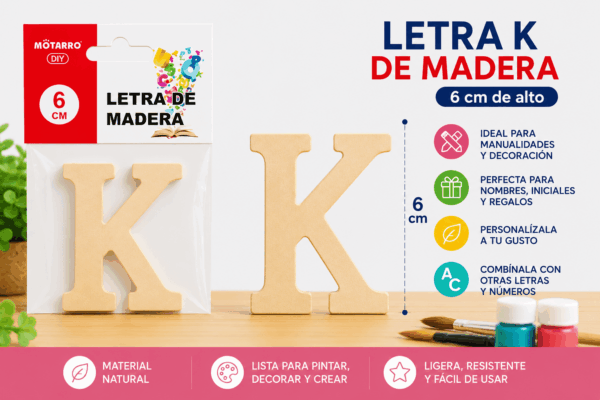 Letra K de Madera 6 cm para Manualidades y Decoración Letra K de madera de 6 cm para manualidades, decoración, nombres e iniciales personalizadas