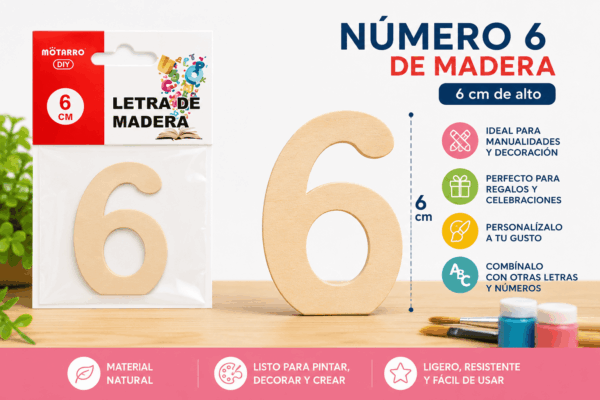 Número 6 de Madera 6 cm para Manualidades y Decoración Número 6 de madera de 6 cm para manualidades, decoración y proyectos personalizados