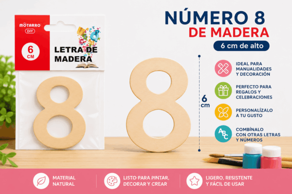 Número 8 de Madera 6 cm para Manualidades y Decoración Número 8 de madera de 6 cm para manualidades, decoración y proyectos personalizados