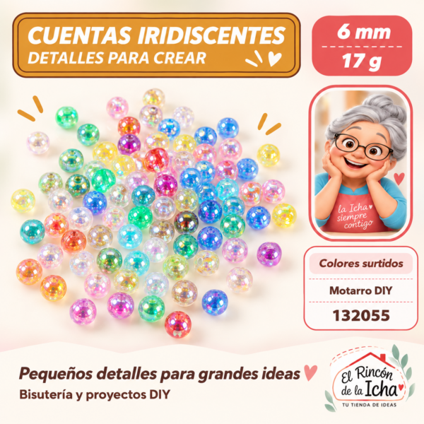 132055 Cuentas redondas iridiscentes – Colores surtidos – 6 mm – 17 g