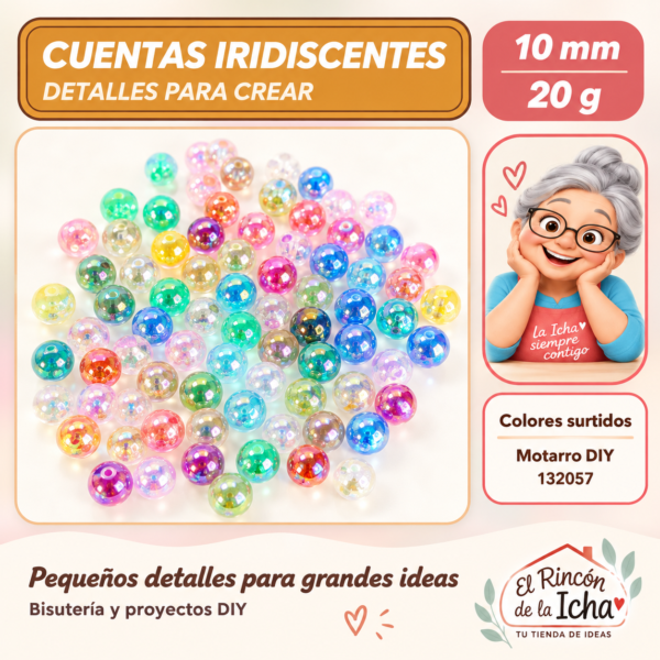 132057 Cuentas redondas iridiscentes – Colores surtidos – 10 mm – 20 g