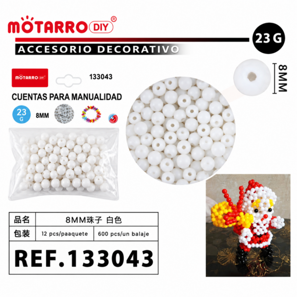 Cuentas color sólido – Blanco – 8 mm – 23 g