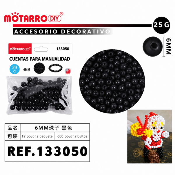 Cuentas color sólido – Negro – 6 mm – 23 g