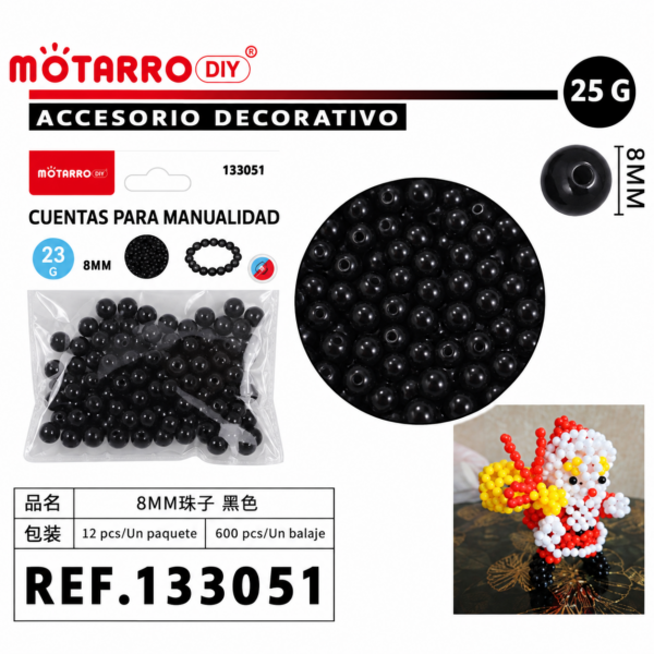 Cuentas color sólido – Negro – 8 mm – 23 g