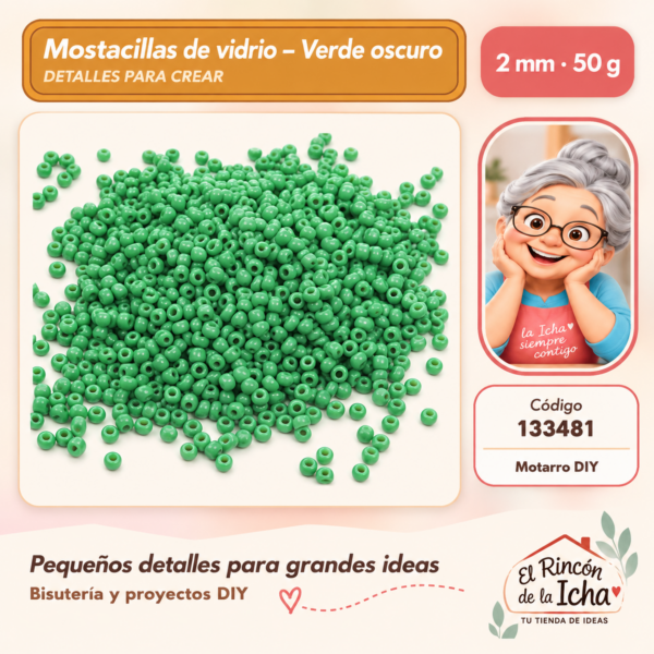 Mostacillas de vidrio – Verde oscuro – 2 mm – 50 g