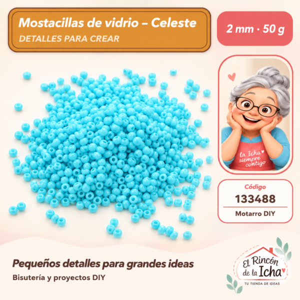 Mostacillas de vidrio – Celeste – 2 mm – 50 g