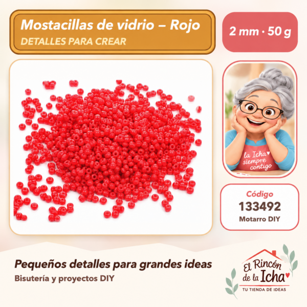 Mostacillas de vidrio – Rojo – 2 mm – 50 g