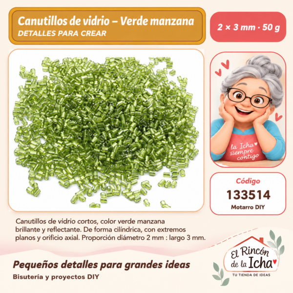 Canutillos de vidrio – Verde manzana – 2 × 3 mm – 50 g
