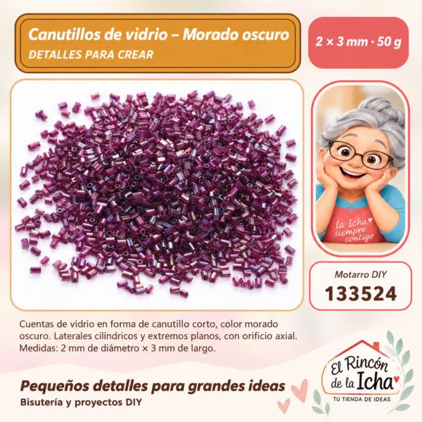 Canutillos de vidrio – Morado oscuro – 2 × 3 mm – 50 g
