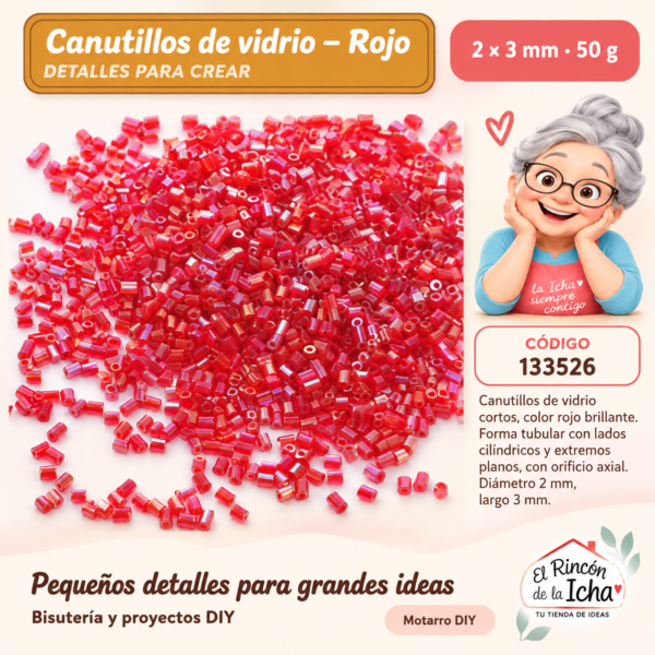 Canutillos de vidrio – Rojo – 2 × 3 mm – 50 g