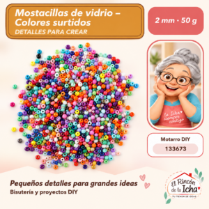 133673 Mostacillas de vidrio – Colores surtidos – 2 mm – 50 g