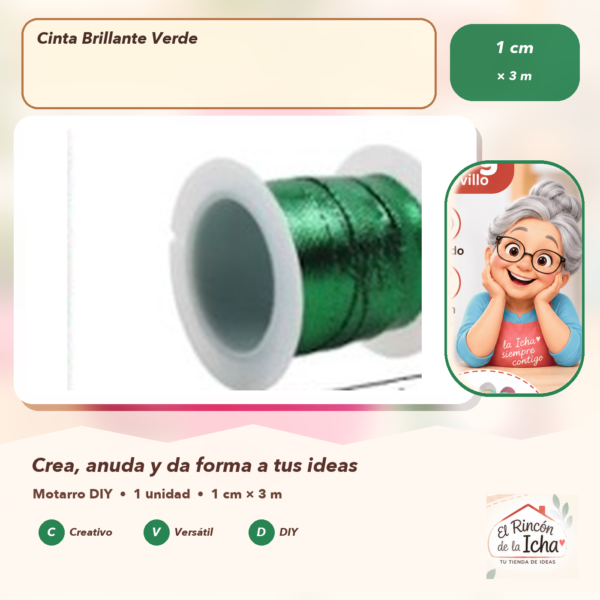 Cinta Brillante Verde 1 cm × 3 m