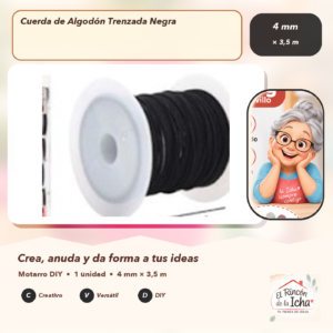 134572 Cuerda de Algodón Trenzada Negra 4 mm × 3,5 m