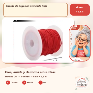 134577 Cuerda de Algodón Trenzada Roja 4 mm × 3,5 m