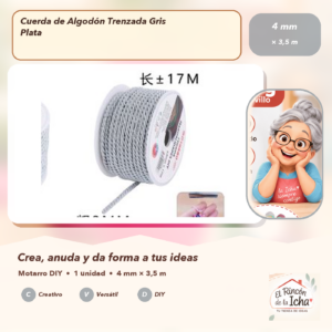 134580 Cuerda de Algodón Trenzada Gris Plata 4 mm × 3,5 m
