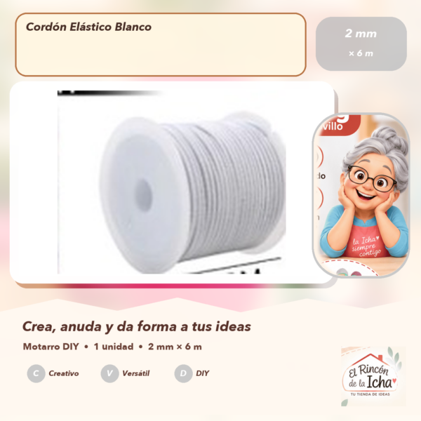 Cordón Elástico Blanco 2 mm × 6 m