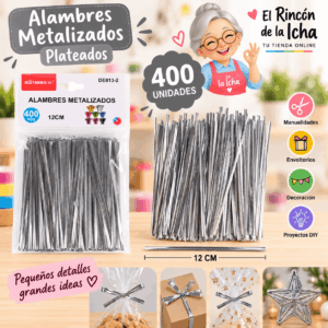 Alambres Metalizados Plateados 12 cm – 400 Unidades Alambres metalizados plateados de 12 cm, paquete de 400 unidades para manualidades y decoración