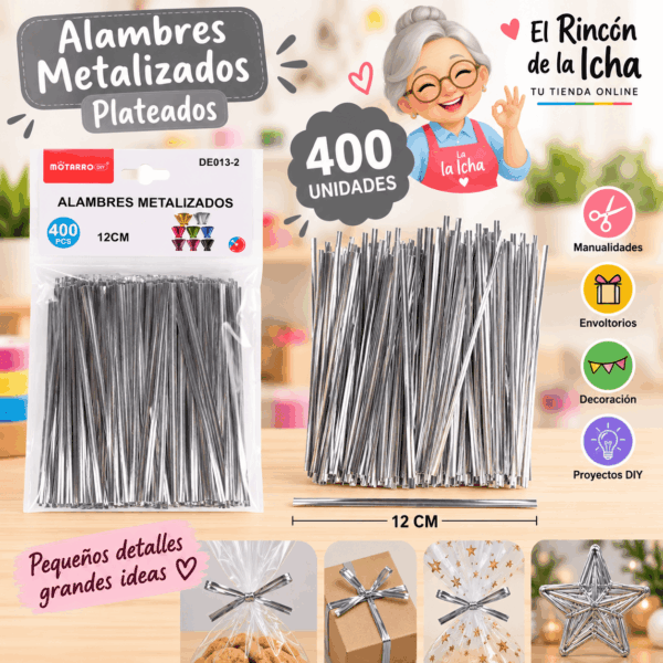 Alambres Metalizados Plateados 12 cm – 400 Unidades Alambres metalizados plateados de 12 cm, paquete de 400 unidades para manualidades y decoración