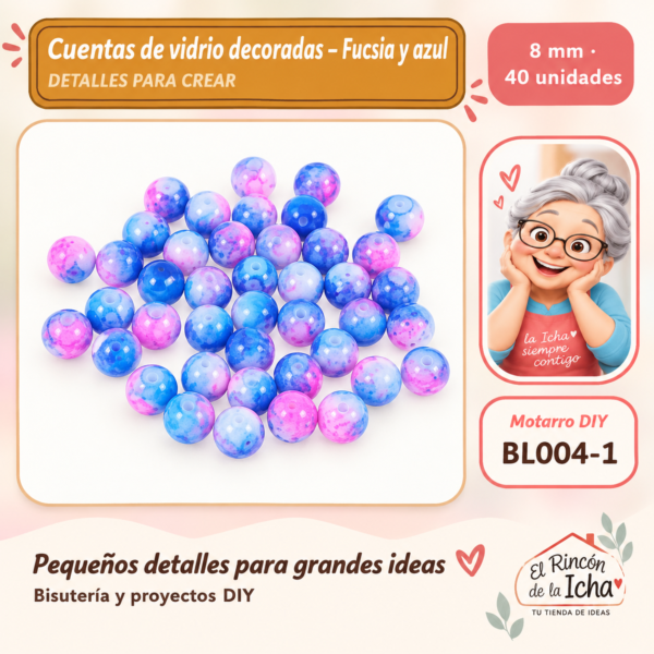 Cuentas de vidrio decoradas – Fucsia y azul – 8 mm – 40 unidades