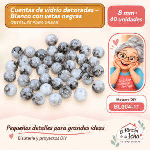 BL004-11 Cuentas de vidrio decoradas – Blanco con vetas negras – 8 mm – 40 unidades