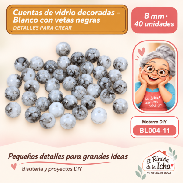 Cuentas de vidrio decoradas – Blanco con vetas negras – 8 mm – 40 unidades