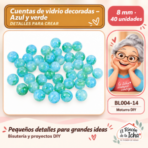 BL004-14 Cuentas de vidrio decoradas – Azul y verde – 8 mm – 40 unidades