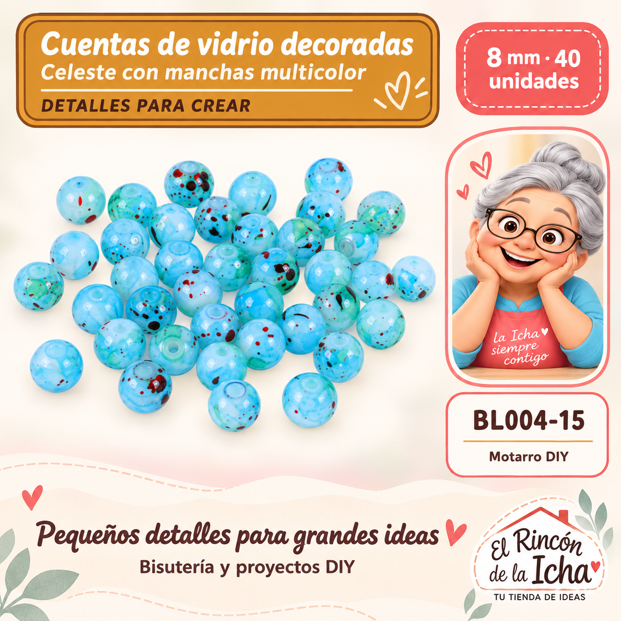 Cuentas de vidrio decoradas – Celeste con manchas multicolor – 8 mm – 40 unidades