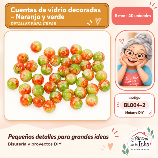 Cuentas de vidrio decoradas – Naranjo y verde – 8 mm – 40 unidades