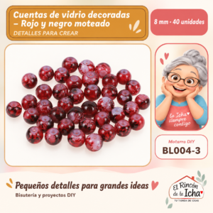 BL004-3 Cuentas de vidrio decoradas – Rojo y negro moteado – 8 mm – 40 unidades