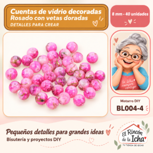BL004-4 Cuentas de vidrio decoradas – Rosado con vetas doradas – 8 mm – 40 unidades