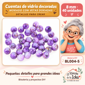 BL004-5 Cuentas de vidrio decoradas – Morado con vetas doradas – 8 mm – 40 unidades