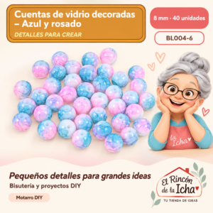 BL004-6 Cuentas de vidrio decoradas – Azul y rosado – 8 mm – 40 unidades
