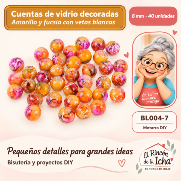 Cuentas de vidrio decoradas – Amarillo y fucsia con vetas blancas – 8 mm – 40 unidades