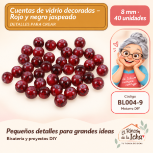 BL004-9 Cuentas de vidrio decoradas – Rojo y negro jaspeado – 8 mm – 40 unidades