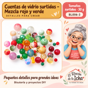 BL006-3 Cuentas de vidrio surtidas – Mezcla rojo y verde – Tamaños surtidos – 30 g