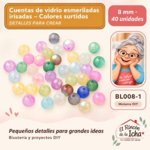 BL008-1 Cuentas de vidrio esmeriladas irisadas – Colores surtidos – 8 mm – 40 unidades