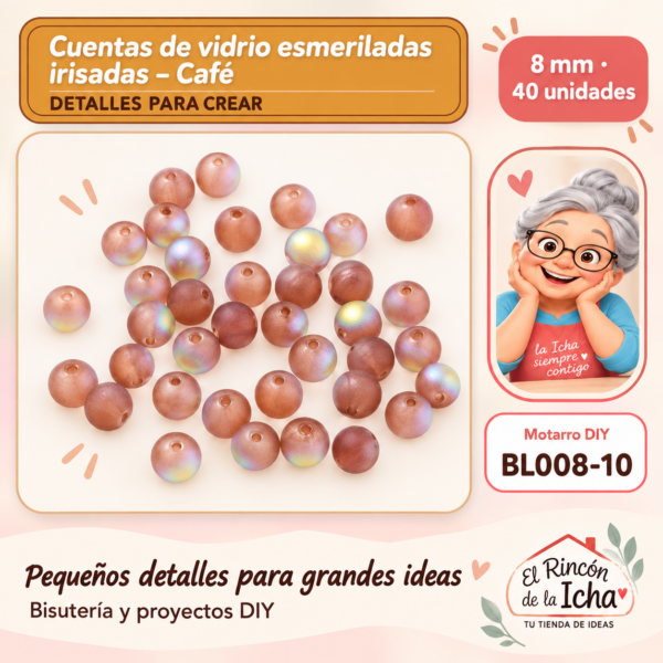 Cuentas de vidrio esmeriladas irisadas – Café – 8 mm – 40 unidades