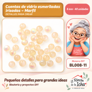 BL008-11 Cuentas de vidrio esmeriladas irisadas – Marfil – 8 mm – 40 unidades
