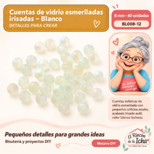 BL008-12 Cuentas de vidrio esmeriladas irisadas – Blanco – 8 mm – 40 unidades