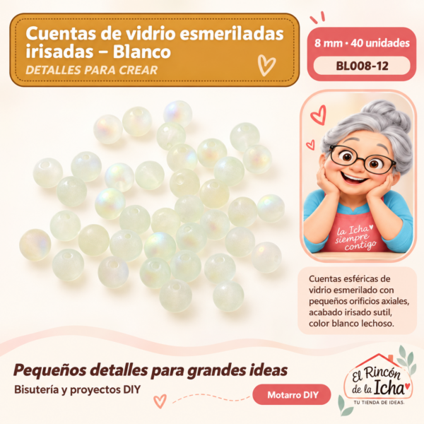 Cuentas de vidrio esmeriladas irisadas – Blanco – 8 mm – 40 unidades