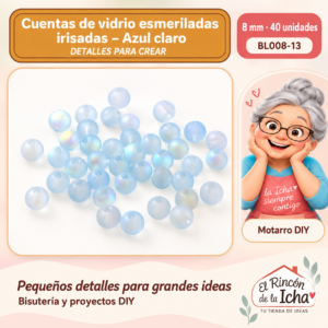 BL008-13 Cuentas de vidrio esmeriladas irisadas – Azul claro – 8 mm – 40 unidades