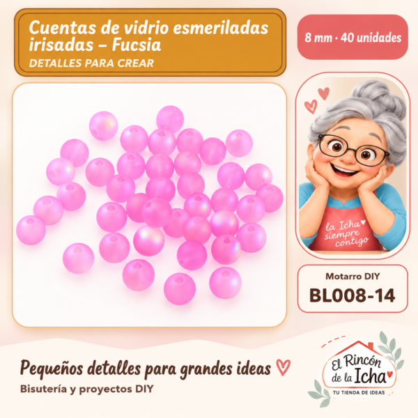 Cuentas de vidrio esmeriladas irisadas – Fucsia – 8 mm – 40 unidades